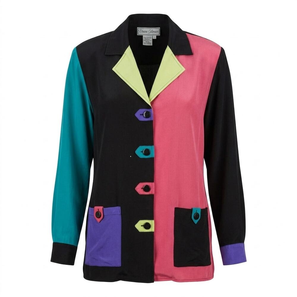 Vintage Diane Gilman 100% Silk Colorblock Button Up Blouse Women Size S